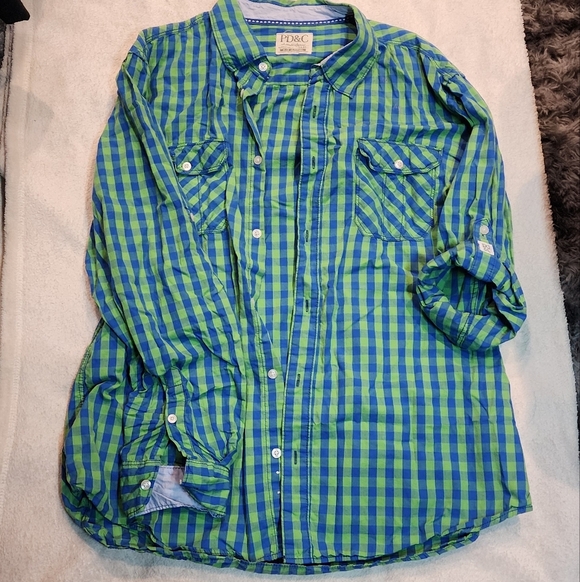 PD&C Mens Green and Blue Checkered Button Down Shirt - Picture 1 of 8